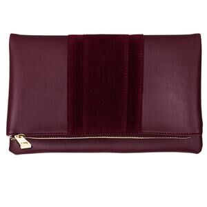 Summer & Rose Foldover Clutch In Burgendy, Vegan Suede, Metal Zip Pull